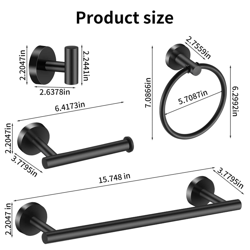Towel Bar Set Mattel Black, Bathroom Accessories Set 5pcs Including 16'' Tower Bar, Towel Ring and 2 PCS Towel Hooks Black-5pcs-16inch