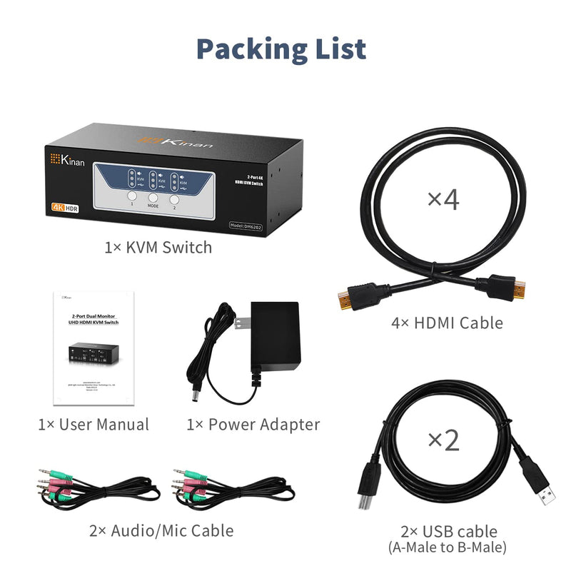 4K HDMI KVM Switch 2 Monitors 2 Computers, 4K@60Hz Dual KVM Switch for 2 Computers Sharing 2 Monitors, Keyboard, Mouse, Hard Drives, with EDID Adaptive,USB KVM Audio Independent/Asynchronous Switching HDMI 2 in 2 out