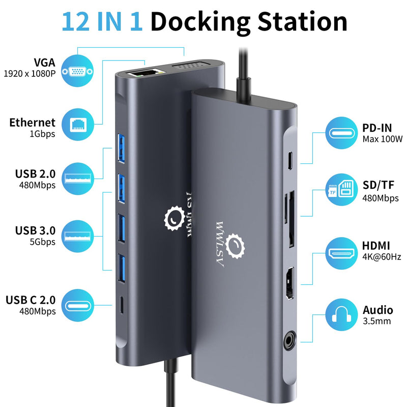 Laptop Docking Station, 12-in-1 USB C Hub – Dual Monitor with 1x 4K@60Hz HDMI, VGA, 100W PD, Ethernet, 3× USB 3.0, USB-C Data Port, SD/TF Card Reader, Audio – Compatible with MacBook, Dell, HP, Lenovo
