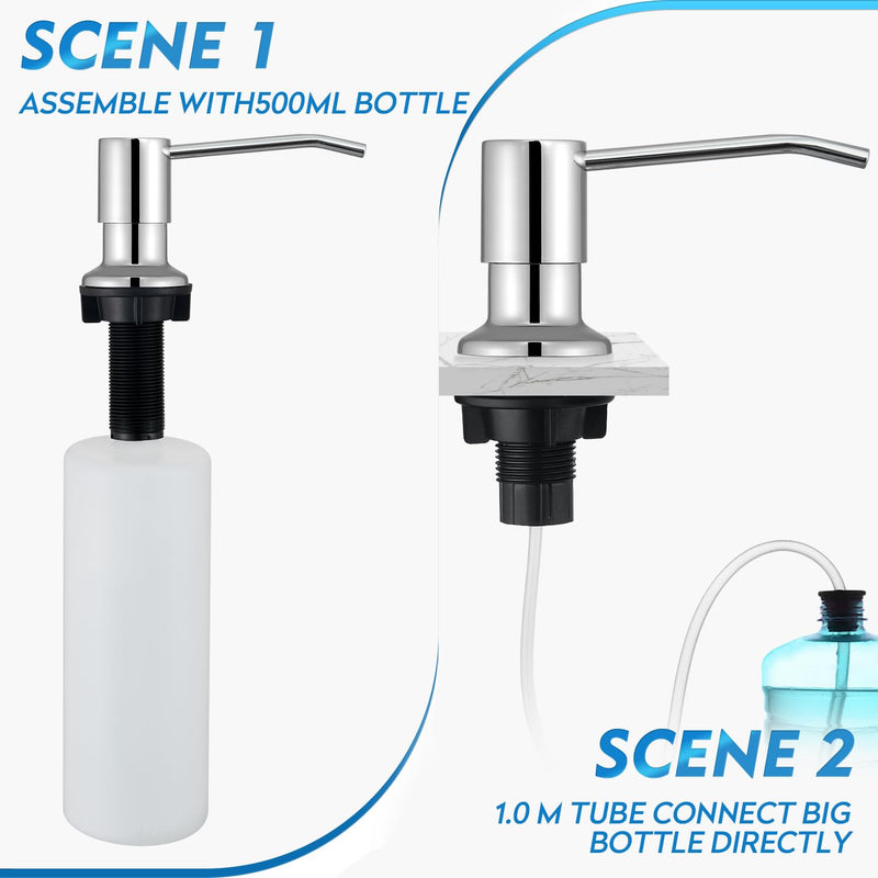 CREA Chrome Built-in Soap Dispenser for Kitchen Sink,Stainless Steel Kitchen Dish Soap Dispenser Pump,in Counter Soap Dispensers Under Sink Mouted Set 39" Tube 17oz Large Bottle Polished Chrome
