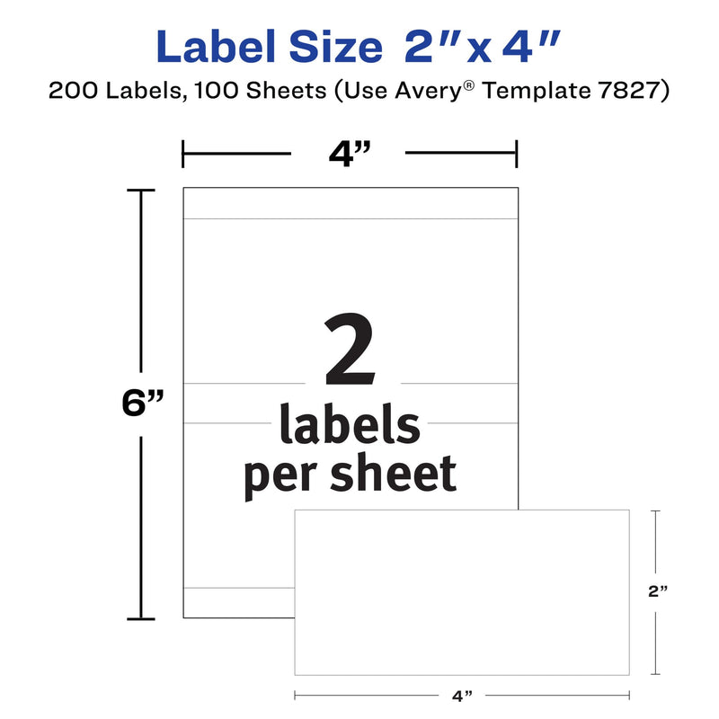Avery Printable All-Purpose Removable Labels, 2" x 4", Customizable Blank White Labels, Write or Print, Great for Organization Projects, 2 Packs, 200 Total (7827) 200 labels
