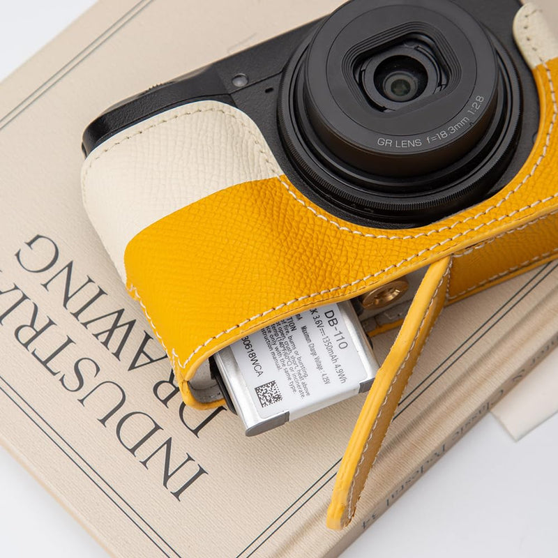 GRIV Genuine Leather Color-Block Camera Case with Shoulder Strap for Ricoh GR IV/GR IV X/GR IV HDF/GR4 Handmade Half Cover (Yellow White-Set) Yellow White-Set