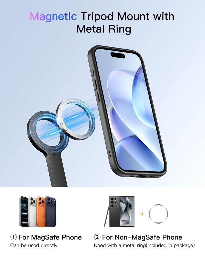 Magnetic Phone Tripod for iPhone, 70" 1s Open Selfie Stick with Remote | MagSafe compatible phone stand for iPhone & Android, portable for selfies, recording and live streaming Black