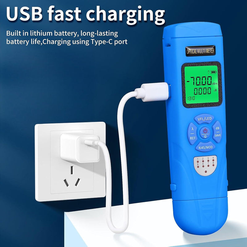 Rechargeable Fiber Optic Power Meter L-C70 (-70 - +10 dBm) Mini Fiber Optic Cable Tester SC/FC/ST 2.5mm Universal Interface, Integrated OPM VFL LED RJ45 Functions, with 1 FC-LC Adapter (OPM-VFL-50) OPM with VFL 50KM