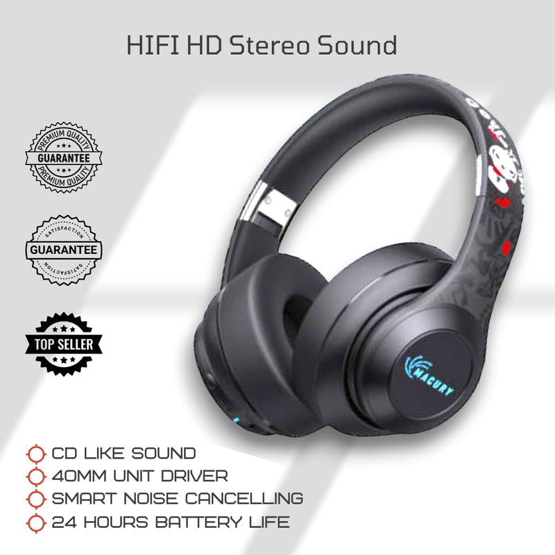 Bluetooth Headphone, Over Ear, Foldable, Adjustable. Glowing Led Light, Noise Cancelling, HiFi Sound Quality (Black) Black