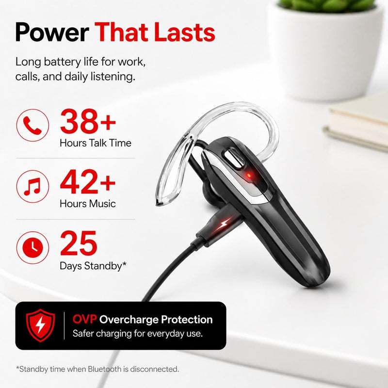 Bluetooth Headset, Bluetooth Earpiece Noise Cancelling Mic, Trucker Headset 38H Talk Time, All-Day Comfort, Quick Mute - Single Ear Bluetooth Headset for Work, Travel, Driving