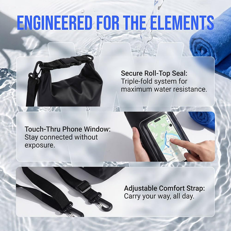 Dry Bag Waterproof for Women Men, 2L Roll Top Lightweight Dry Storage Bag Backpack with Phone Case for Travel Swimming Boating Kayaking Paddle Board Camping Beach Accessories, Black