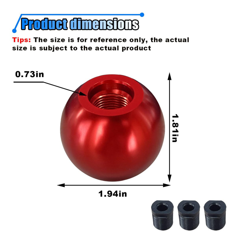 Car Round Ball Gear Shift Knob, Aluminum Alloy Gear Shift Stick Head for Most Manual Vehicles with 3 Adapters M8, M10, M12 (Red) Red