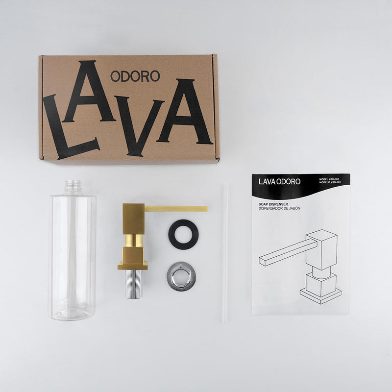 Lava Odoro Soap Dispenser for Kitchen Sink, Gold Sink Soap Dispenser Pump, Modern Square Built in Kitchen Sink Countertop Pump Dispenser with 18oz Refillable Bottle, Spot-Free KSD182-SG Brushed Gold