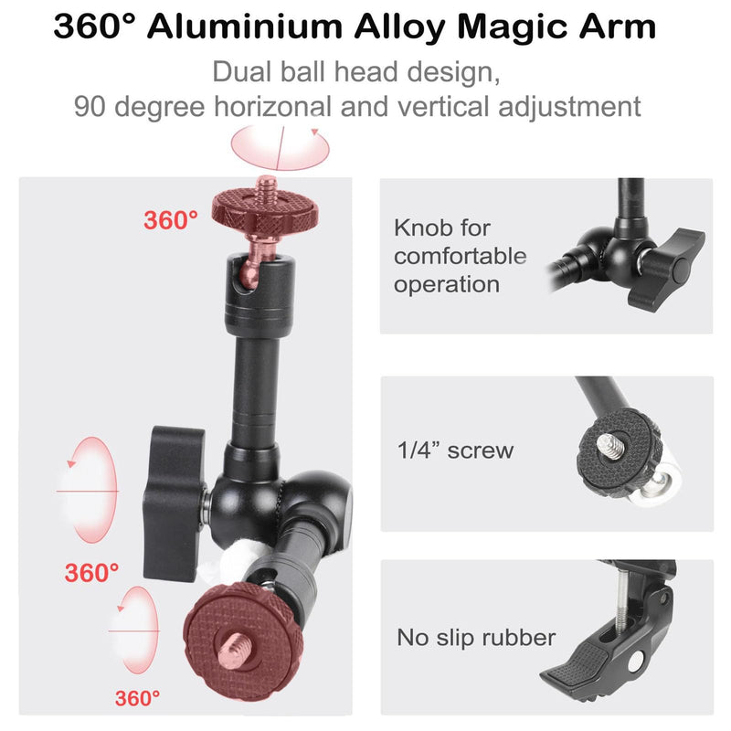 PellKing Magic Arm Clamp Kit, 7‘’ Camera Mount Articulating Friction Arm w 2 Pcs Super Clamp, w 1/4"-20 Screw and Thread Hole, for Umbrella,Camera, Light, Monitor, Webcam or Action Camera 2kg