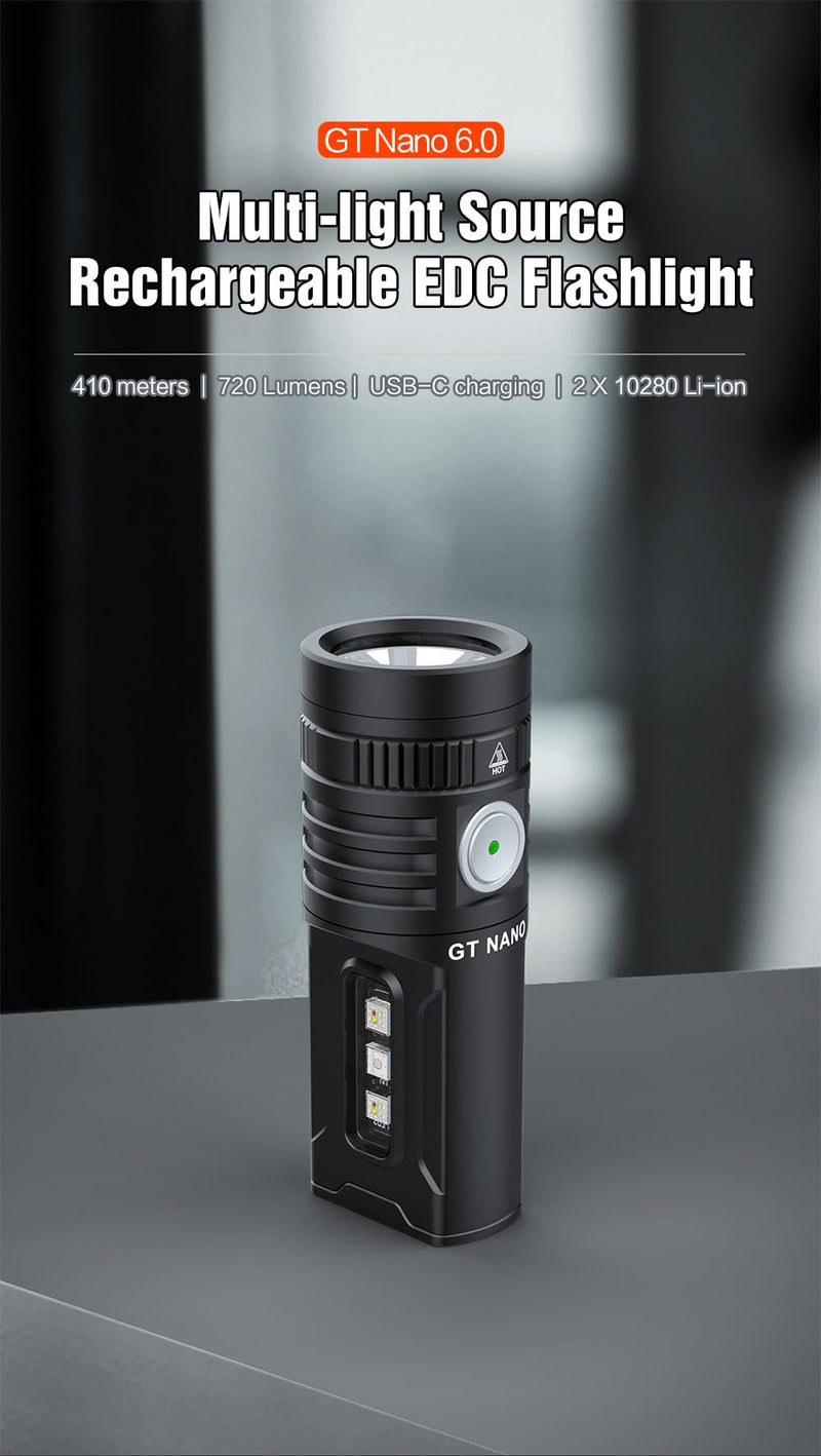 LUMINTOP GT Nano 6.0 Powerful Mini Thrower Flashlight, 720 Lumens with 410m Beam Distance, USB-C Charging, RGBW & UV Side LEDs, Magnetic Tailcap, IPX-8 Waterproof, Compact EDC Flashlight GTNANO V6 Black