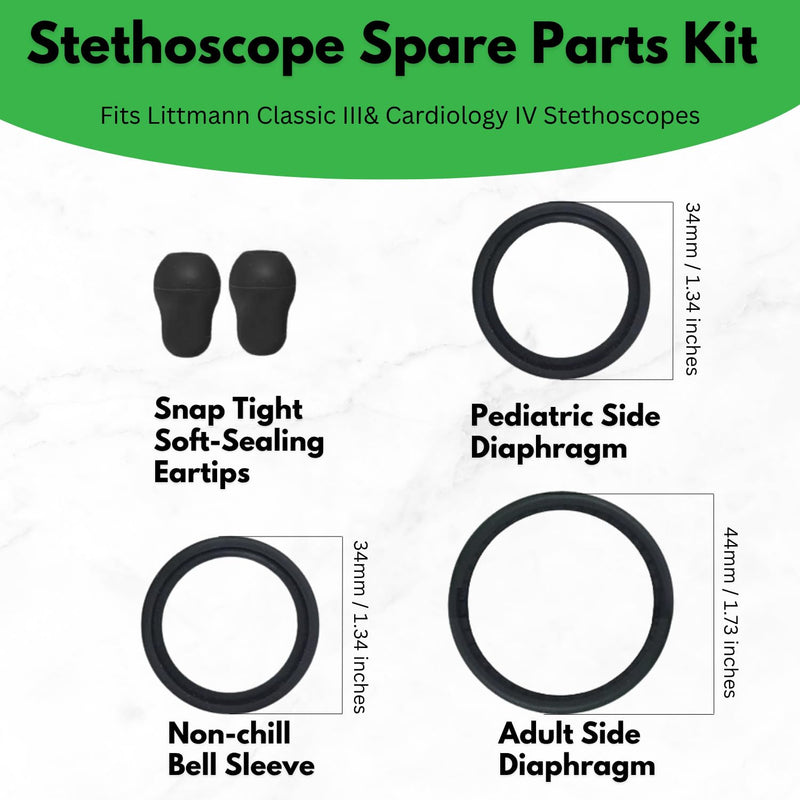 Stethoscope Spare Parts Kit-Black, Replacement Accessories Compatible with Littmann Classic III, Cardiology IV, Includes Adult&Pediatric Diaphragm, Ear Tips and Non-chill Bell Sleeve
