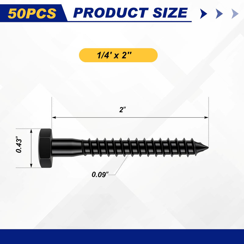 Zonon 50 Pcs 1/4" X 2" Hex Head Lag Screws Bolts Lag Screw Kit with Flat Washers Stainless Steel Heavy Duty Screws Bolts for Wood Industrial/Commercial Grade (Black) 1/4" X 2" Black