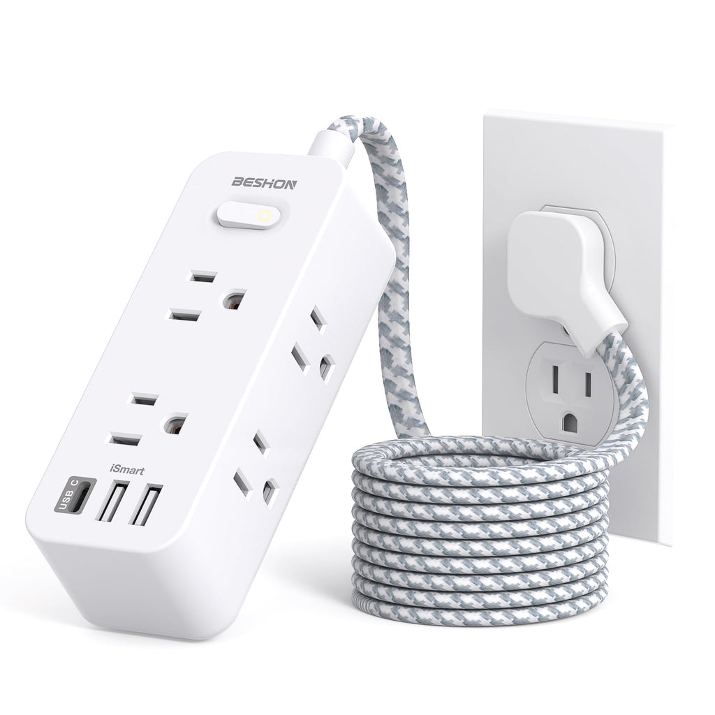 Flat Plug Power Strip, Flat Extension Cord, 5ft Ultra Thin Flat Plug Extension Cord - 6 AC with 3 USB Ports(1 USB C), Wall Mount, 3-Side Power Strip Surge Protector for Dorm Room Travel Essentials 5FT-Thin Flat Plug White