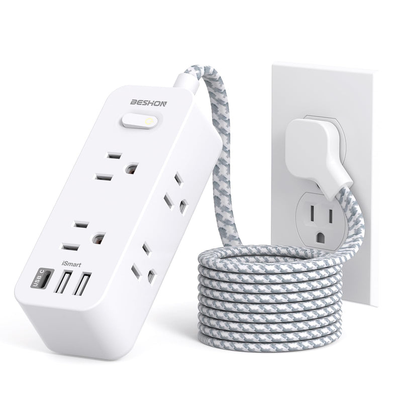 Flat Plug Power Strip, Flat Extension Cord, 5ft Ultra Thin Flat Plug Extension Cord - 6 AC with 3 USB Ports(1 USB C), Wall Mount, 3-Side Power Strip Surge Protector for Dorm Room Travel Essentials 5FT-Thin Flat Plug White