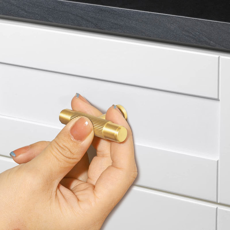 SALISENG - 6 Pack Brushed Gold Drawer Knobs, Solid Brass Dresser Kitchen Bathroom Cabinet Pulls, 2.08 Inch T Bar Handles Furniture Hardware for Cupboard Closet
