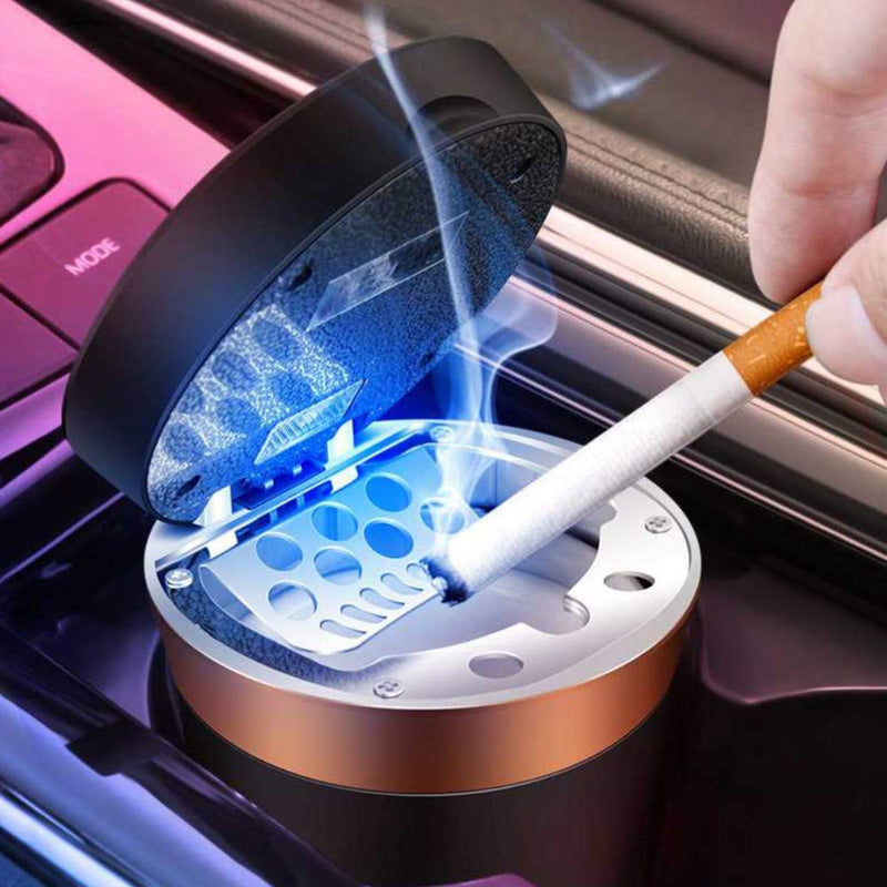 Car Ashtray, Auto Ashtray Cigar Electronic Cigarette Lighter Detachable Solar Powered/USB Rechargeable with Lid Blue LED Light for Most Car Cup Holder Home Office (Black) Black