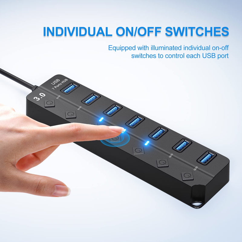 USB Hub 3.0, 7-Port USB Hub Splitter with Individual On/Off Switches and Lights, 3.2ft/1m Long Cable Compatible with MacBook, Laptop, Surface Pro, PS4, PC, Flash Drive, Mobile HDD Black