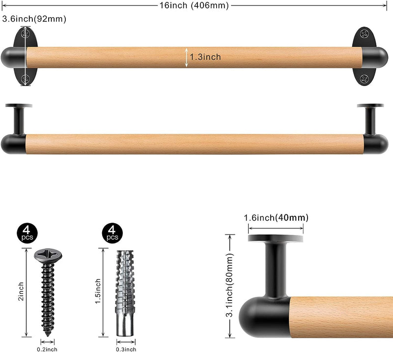 SELEWARE 16 Inch Wood Handrail Indoor Stairs Handrail Wall Mount Handrail w/Sturdy Metal Barckets, Barrier-Free Staircase Grab Bar for Elderly, 1.3 Inch Round A: 16" (Wood Handle+Black Metal Brackets)