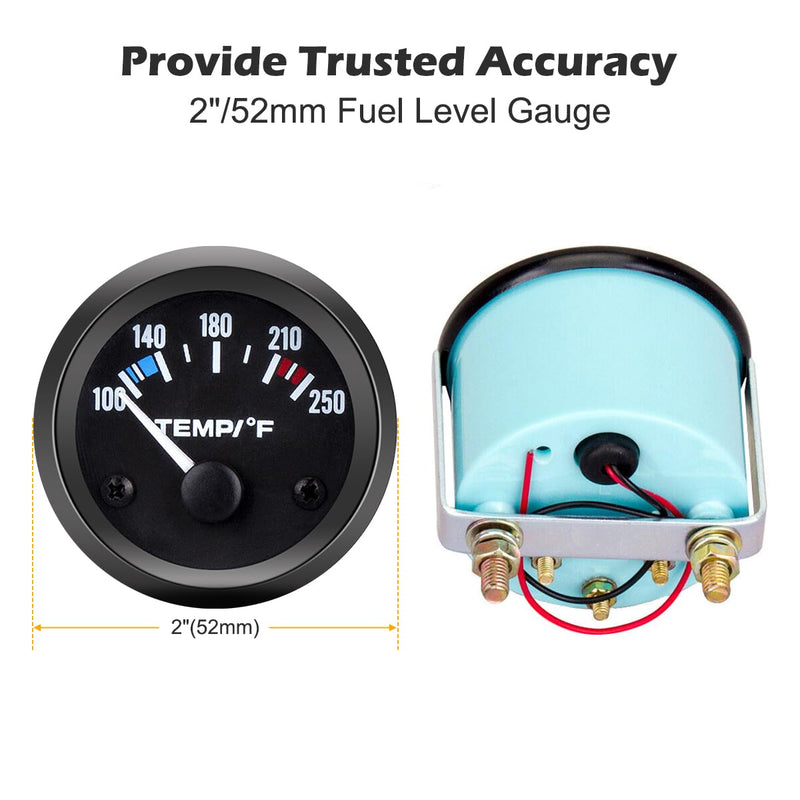 Universal 2"/52mm Water Temperature Gauge 100-250℉ Water Temp Gauge Kit DC12V with LED Light Indicator Display and Sensor for Ship Car Truck Vehicle Automotive Boat Marine (White Pointer) White Pointer