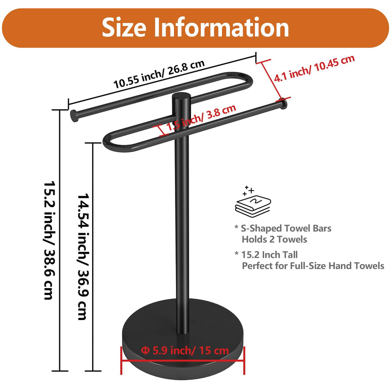 Bethom Hand Towel Holder for Bathroom Countertop, Weighted Base, Black | Stainless Steel 15.2 Inch Hand Towel Stand, S-Shape Towel Racks Holds 2 Towels