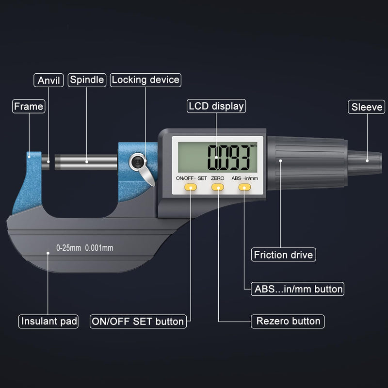 HDLKNAK Digital Micrometer, Outside Micrometer Precision Measuring Tool, 0-1"/0-25 mm, Inch/Metric 0.00005"/0.001 mm, Machinist Thickness Gauge Tool, Large LCD Display Blue