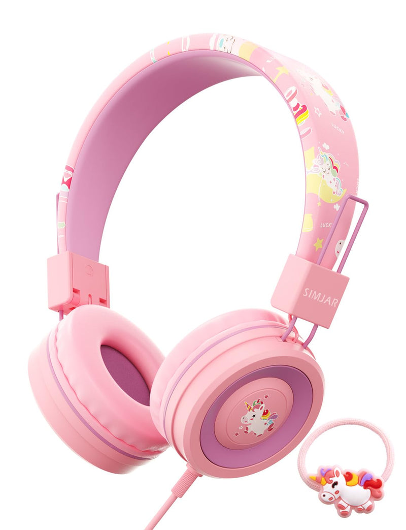 SIMJAR Unicorn Headphones with Microphone for School, Unicorn Rubber Band Included, Volume Limiter 85/94dB, Wired Foldable Girls Headphones for Online Learning/Travel/Tablet/iPad (Pink) PINK