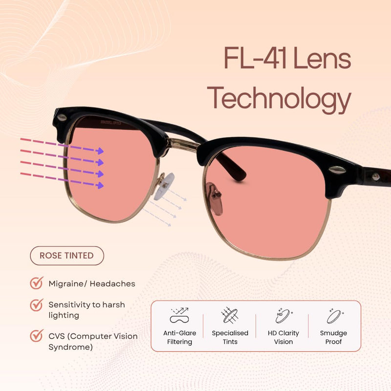 BRADDELL FL-41 Rose & FL-60 Clubmeister Blue Light Glasses for Migraine Light Sensitivity, Fluorescent LED Lighting & Concussion