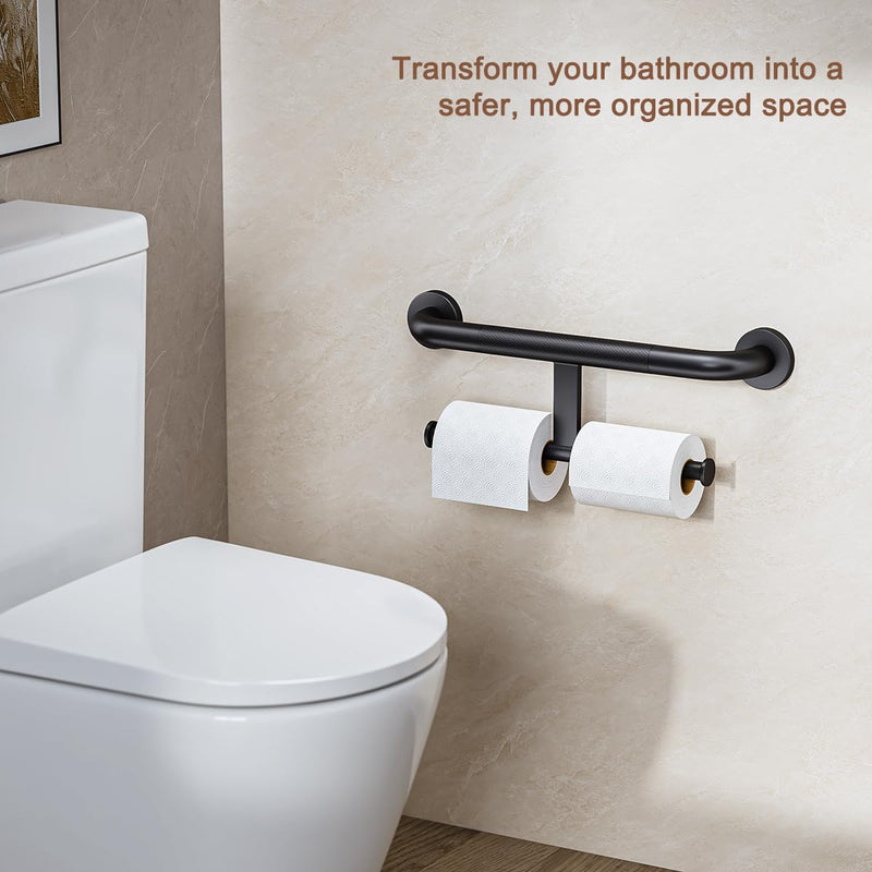 FANHAO Shower Grab Bar w/Double Toilet Paper Roll Holder 18 Inch, 2-in-1 Safety Assist Bar Balanced Support Handle, Stainless Steel Wall Mounted Bathroom Handicap Grab Bar for Senior Elderly Disabled