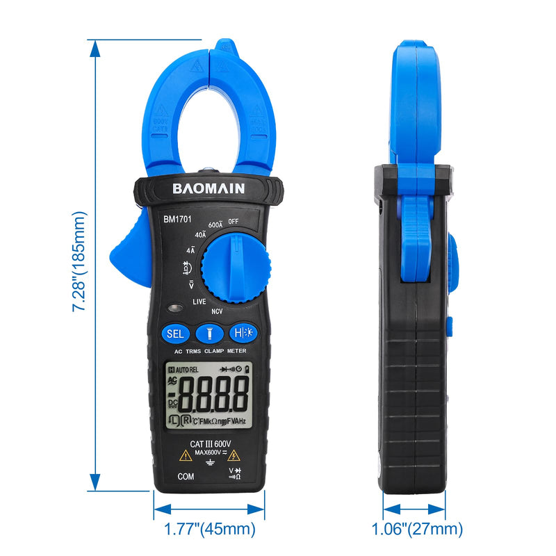 Baomain Digital Clamp Meter 4000 Counts Multimeter, Measures AC Current (4A/40A/600A), AC/DC Voltage,Resistance,Diode,Continuity, with NCV,Live Wire Test,BM1701 4000 Counts (4A/40A/600A)