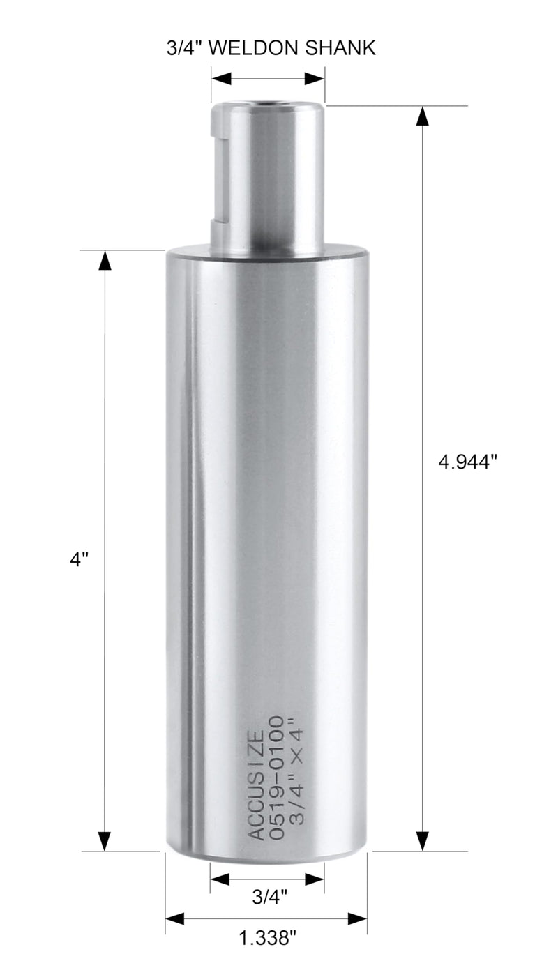 Accusize Industrial Tools 4"/100mm Extension for 3/4" Weldon Shank Annular Cutter, Weldon Adapter, 0519-0100 | For 3/4" Weldon Shank Annular Cutter, Inner Hole: 3/4", Pilot Bore: 1/4", Shank: 3/4" 4 in