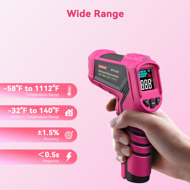 Wintact Laser Infrared Thermometer Gun Pink, -58°F to 1112°F Surface Heat Temperature Gun, Non-Contact Digital Thermometer for Kitchen Cooking Food, Pizza Oven, BBQ, Griddle, Soap Making, HVAC WT313SP