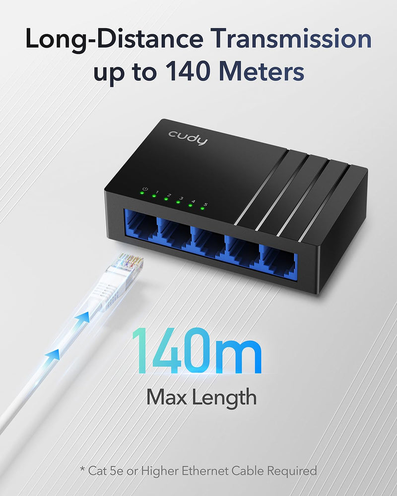 Cudy GS105D 5 Port Gigabit Ethernet Switch Desktop Ethernet Splitter Plastic Case Unshielded Switch Plug & Play Fanless Unmanaged