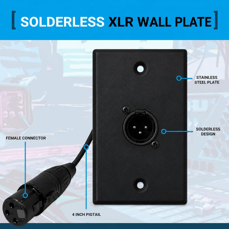 DIYTECH Black XLR Wall Plate, Solderless, No Solder, Audio Wall Plate, for Pro Audio Installation (Male to Female 1-Port)
