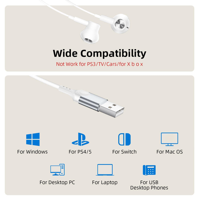 iMangoo USB Earbuds with Microphone for PC Laptop 7.5ft Cord Headphones | Wired USB A Semi In Ear Buds Headset for School Students Home Office Gaming Corded Earphones for Discord Zoom Skype Laptop White