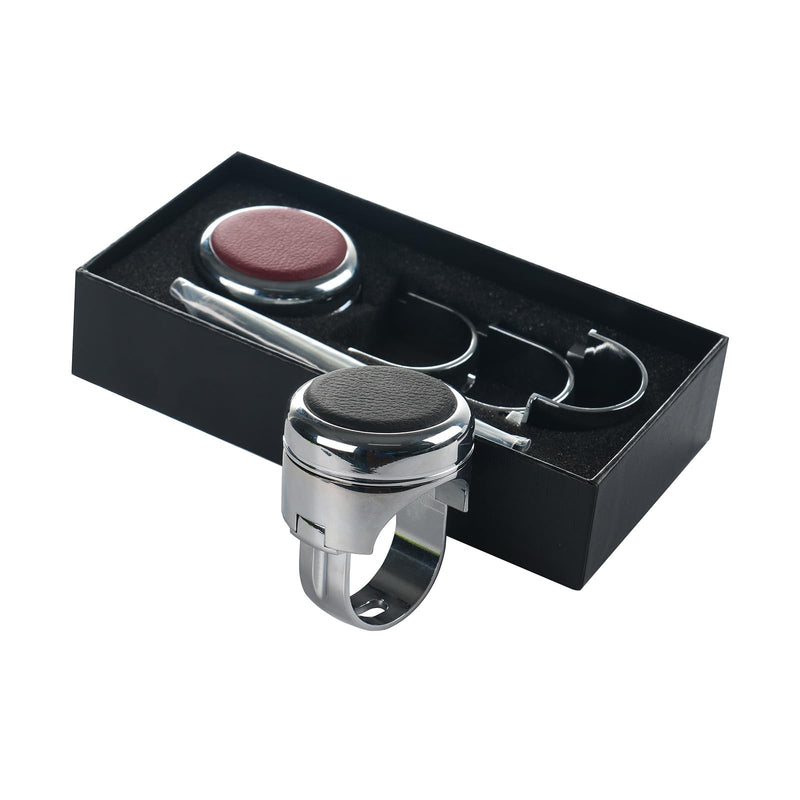 Stainless Steel Steering Wheel Spinner Sport Maneuvering Knob Cow Leather Cover Swivel Suicide Knob Universal Fit for Cars, Trucks, Boats (Black) Black