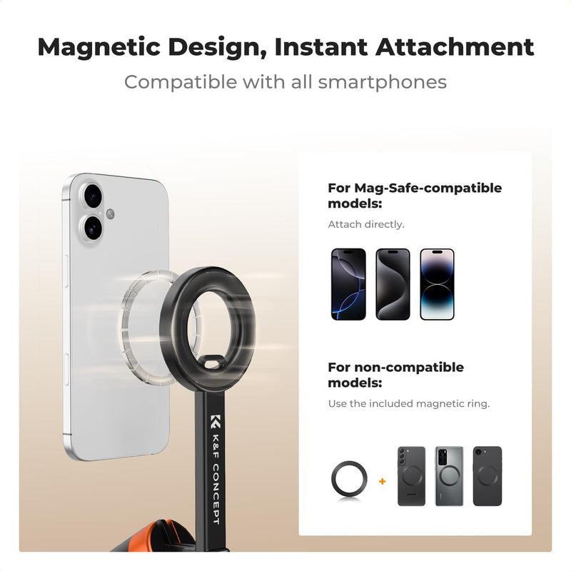 K&F CONCEPT Lightweight 71 inch Magnetic Selfie Stick Tripod | Portable Extendable, Bluetooth Remote, 3-Axis Adjustment Aluminium Vlog Rig Compatible with iPhone 17 16 15 14 Pro Max, MS18 Black