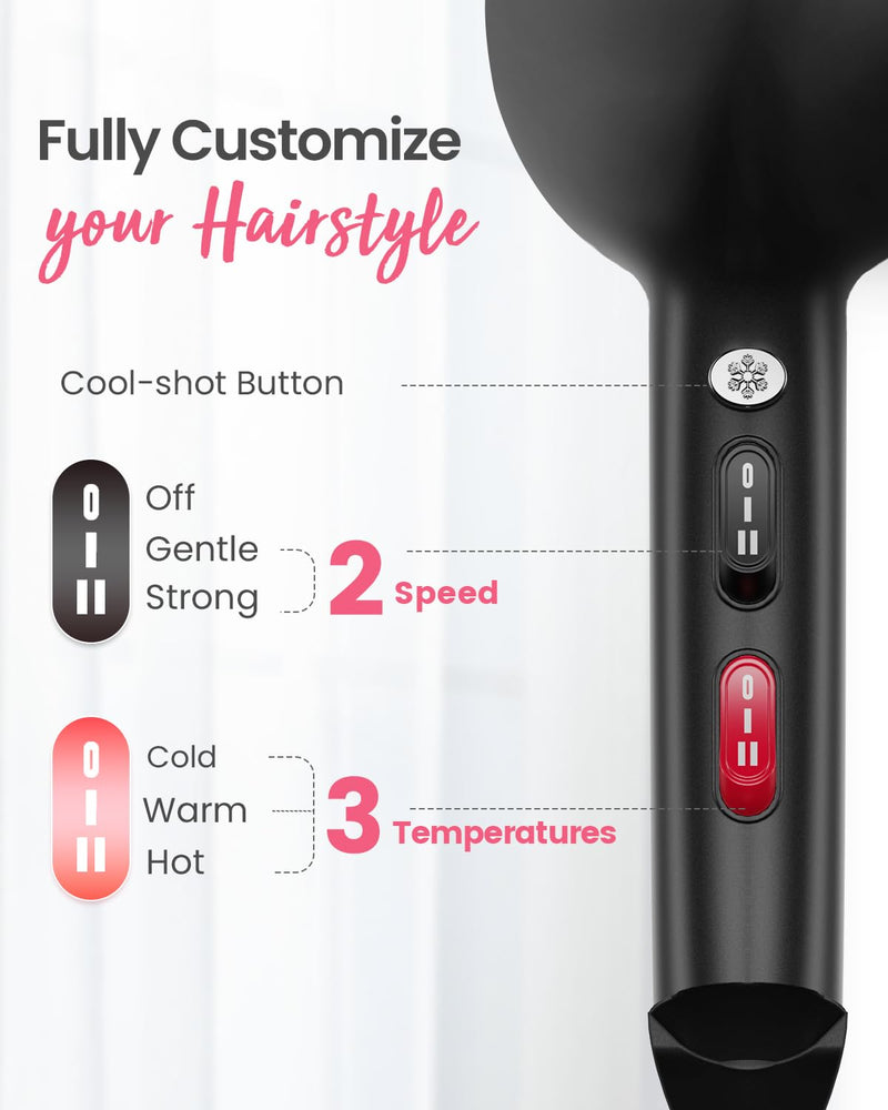 Dekuri Professional Hair Dryer, 29m/s Fast Ionic Blow Dryer | 130M Negative Ions & Blue Light, 29m/s Fast Drying, 4 Styling Attachments, 2m Cable (1.8m Exposed), UK Plug Jet Black