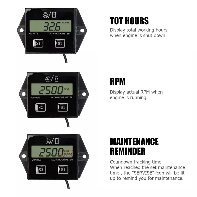 Small Engine Hour Meter and Digital Tachometer, Waterproof Inductive Tacho Gauge, Automotive Accessories for ZTR Lawn Mower Tractor Generator Motorcycle Chainsaw Marine