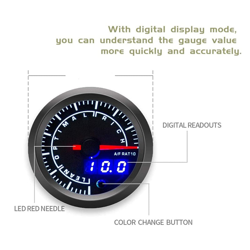 Acouto Air/Fuel Ratio AFR Gauge Air Fuel Ratio Gauge for Car 2.5in 12V Air Fuel Ratio Gauge Pointer Display High Accuracy Adjustable Warning Setting for Car