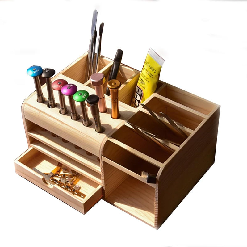  [AUSTRALIA] - HZY Classic Wooden Tool Box with 20 Compartments for Screwdriver, Tweezers, Mobile Phone Repair, Desktop, Home DIY, Brown