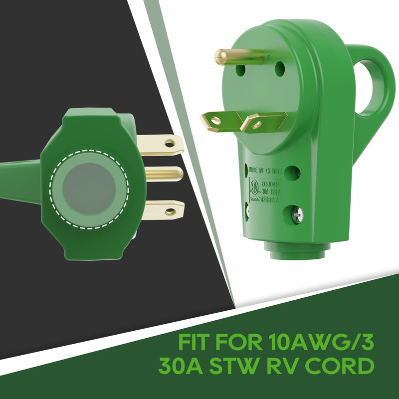 RVGUARD 30 Amp RV Replacement Plug, NEMA TT-30P, 30 Amp 125 Volt Replacement Plug with Disconnect Handle, Green 30M