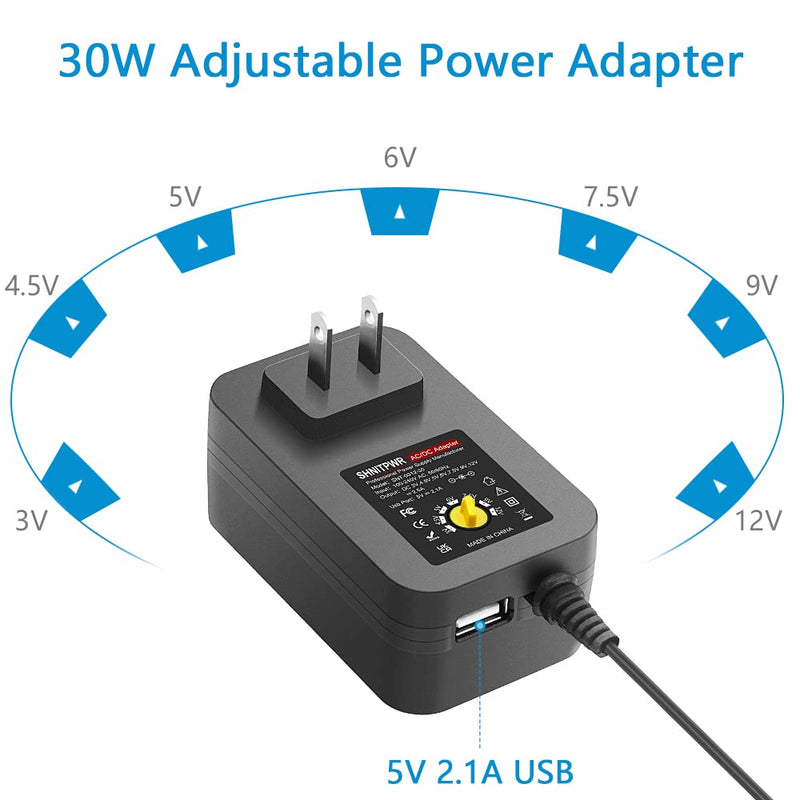 SHNITPWR 30W Universal Power Supply 3V 4.5V 5V 6V 7.5V 9V 12V Adjustable Variable AC/DC Adapter with 5V 2.1A USB Port, 100V-240V AC to DC 3V~12V Converter 0.5A 1A 1.2A 1.5A 2A 2.5A Max with 14 Tips 3V~12V-30W