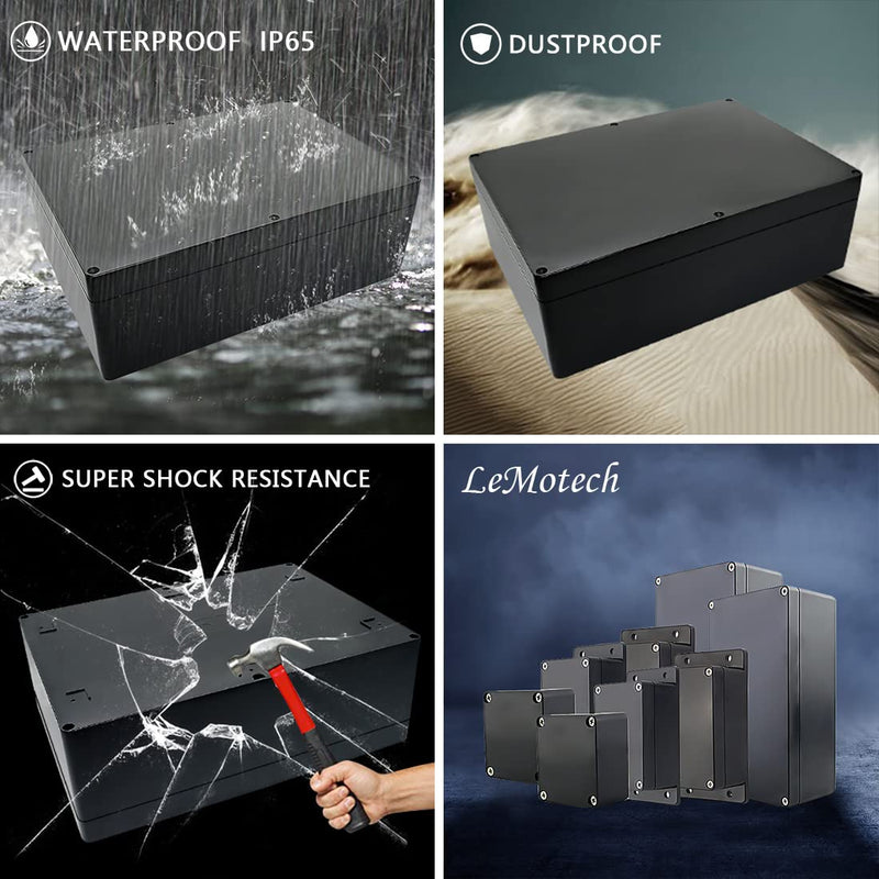 LeMotech Project Box ABS Plastic IP65 Waterproof Dustproof Electrical Junction Box Outdoor Enclosure for Electronics Black 11.41" x 8.26" x 3.93" (290 x 210 x 100mm) 11.41" x 8.26" x 3.93" Black (1 pack)