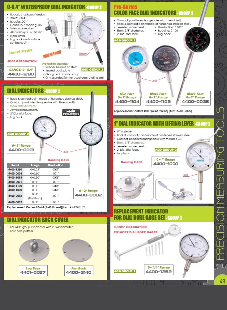 Pro Series by HHIP 4400-0002 Pro Series Dial Indicator, .001" Graduation, 0-100 Reading, 0-2" 0-2" Range, .001" Graduation