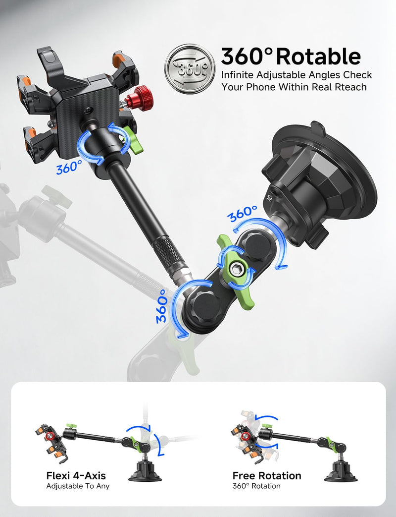 MAGIC JOHN Metal Car Phone Holder 360° Rotation Suction Mount Windshield | All-Metal Build With Enhanced Suction Cup, Adjustable Clamp Arms, Compatible With iPhone Samsung & All Smartphones