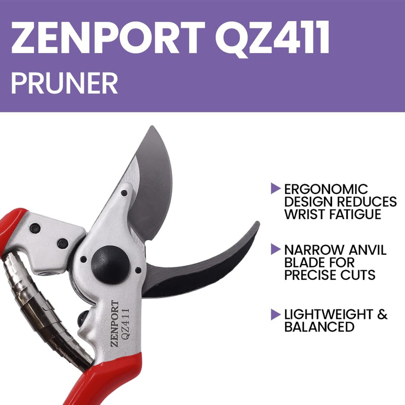 Zenport QZ411 Narrow Head Professional Pruner, 1-Inch Cut, 8.25-Inch Long