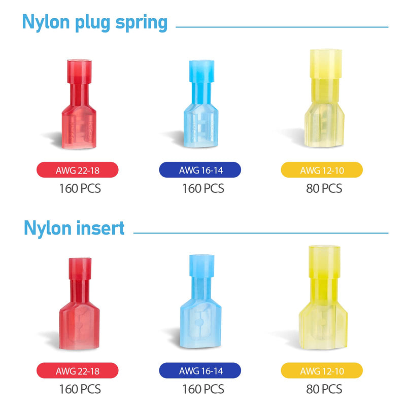 TICONN 800 Pcs Nylon Spade Quick Disconnect Connectors Kit, Electrical Insulated Terminals, Male and Female Spade Wire Crimp Terminal Assortment Kit Combo 800Pcs