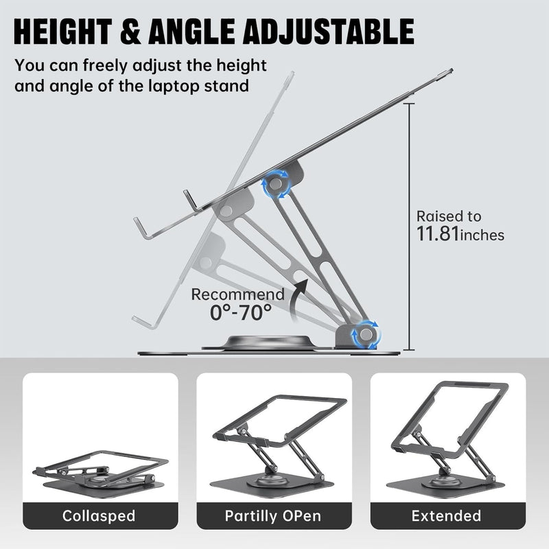 Laptop Stand for Desk, Adjustable Computer Stand with 360° Rotating Base, Ergonomic Laptop Riser for Collaborative Work, Foldable & Portable Laptop Stand, fits for All 10-16" Laptops Grey
