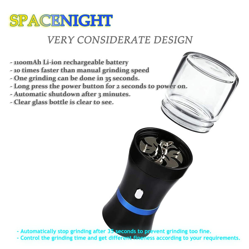 Spacenight Electric Herb Grinder COMPACT for Flower Buds, USB-Rechargeable, 2pcs 1.7oz Glass Herb Chamber - Ideal for Everyday Carry Electric Grinder Set